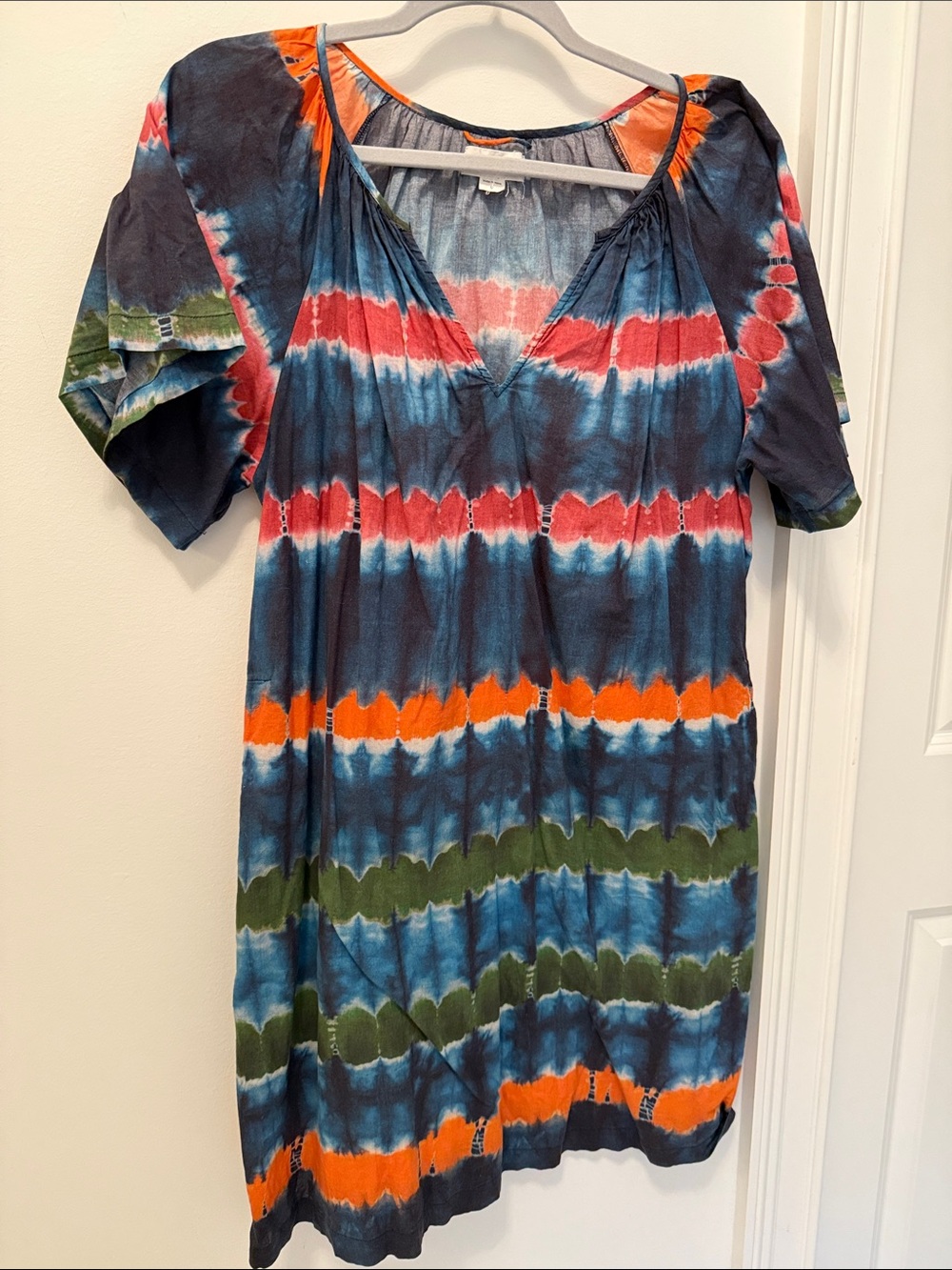 Velvet Tie-Dye V-Neck Women’s cotton dress in Blue, Orange & Green
